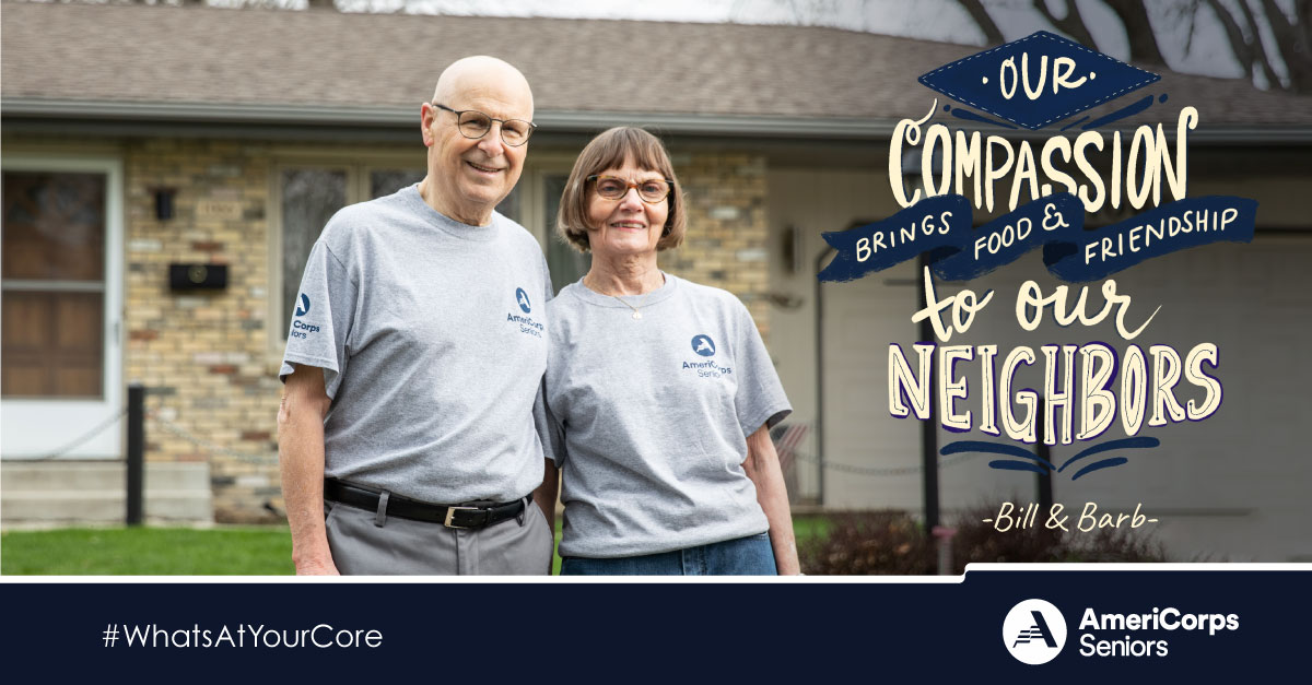 AmeriCorps Seniors volunteers Bill and Barb nourish neighbors in need by delivering meals. Feed your desire to make a difference at AmeriCorps.gov/CoreValues #WhatsAtYourCore #AmeriCorps #AmeriCorpsSeniors #NorfolkRSVP