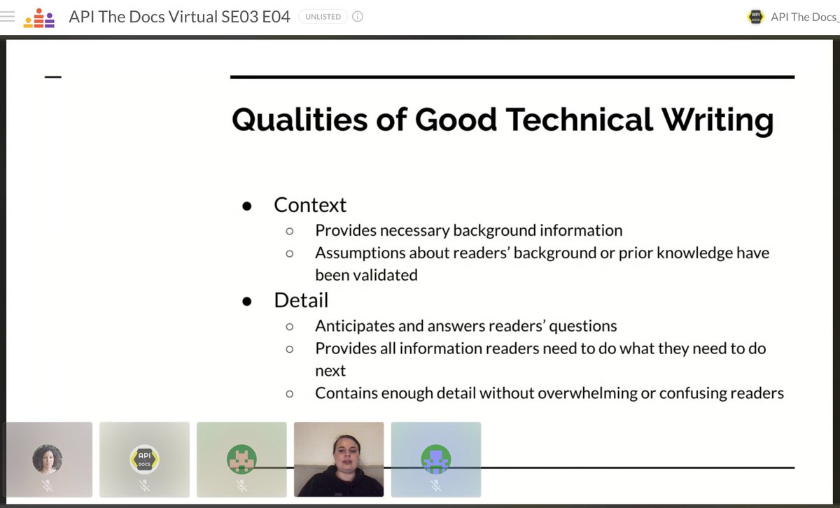 APItheDocs's tweet image. The qualities of good #technicalwriting by @DanaScheider 
#APItheDocs #APItheDocsVirtual #WriteTheDocs