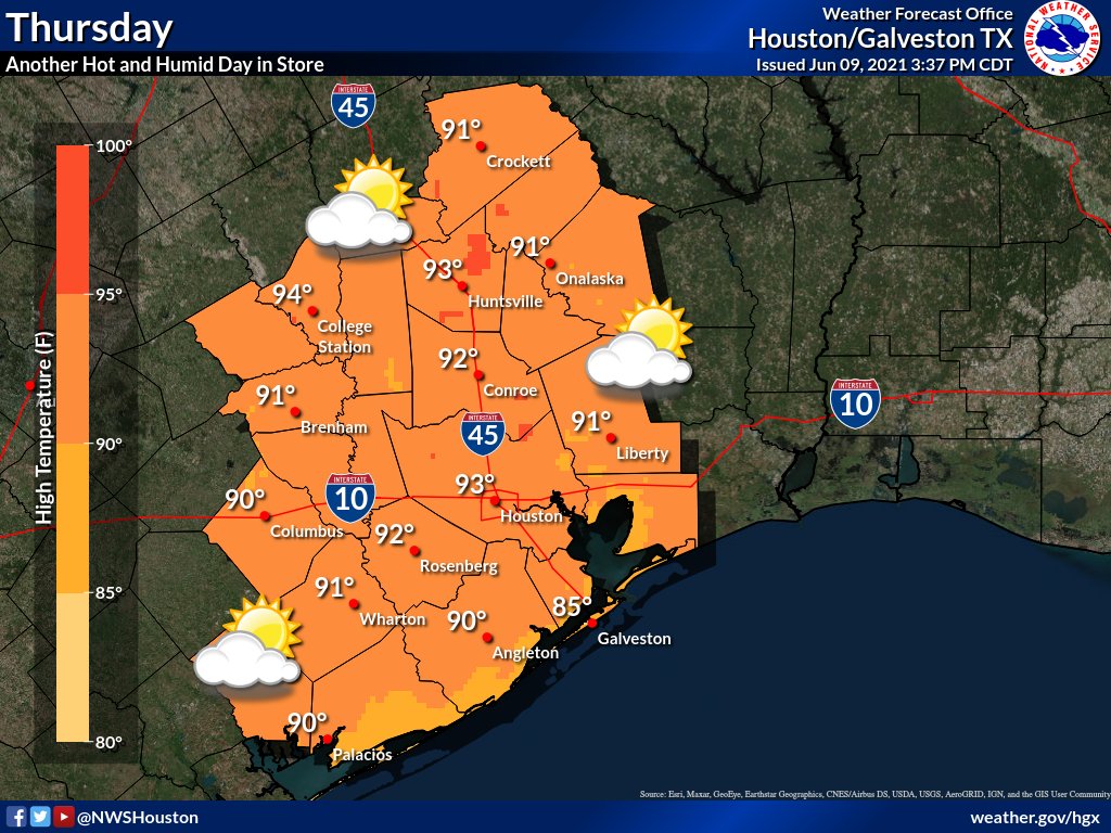 NWSHouston's tweet photo. The hot and humid stretch of weather will continue this evening and tomorrow, with elevated lows in the upper 70s to low 80s and highs tomorrow in the 90s across most inland locations. Heat index values are expected to surpass 100. Continue to practice heat safety! #houwx #txwx https://t.co/B3eTnWjKsB