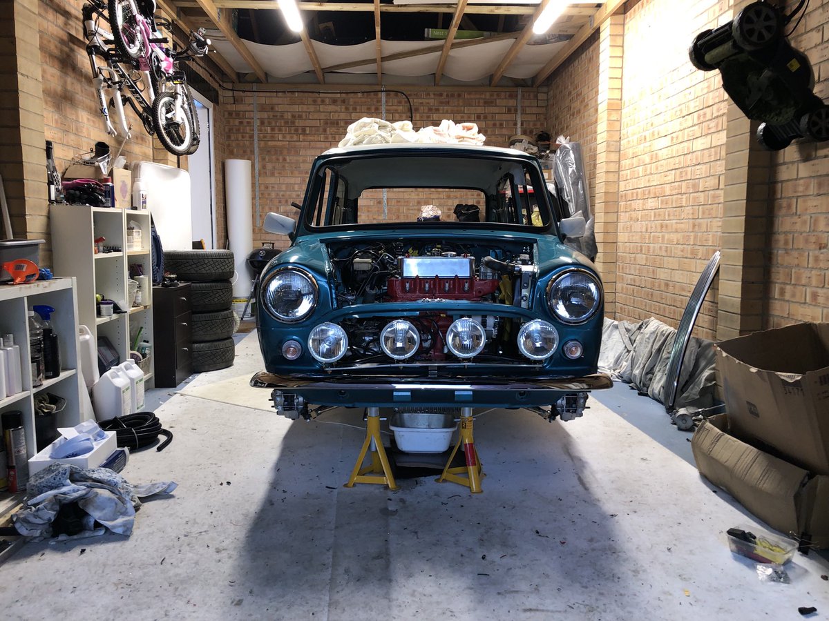 Hoole16's tweet photo. Progress is being made!! Wasn’t sure on the 4 spot lights, still not 100%?!?!?! #minicooper #itwillbereadysoonish https://t.co/k9YLanMWaO