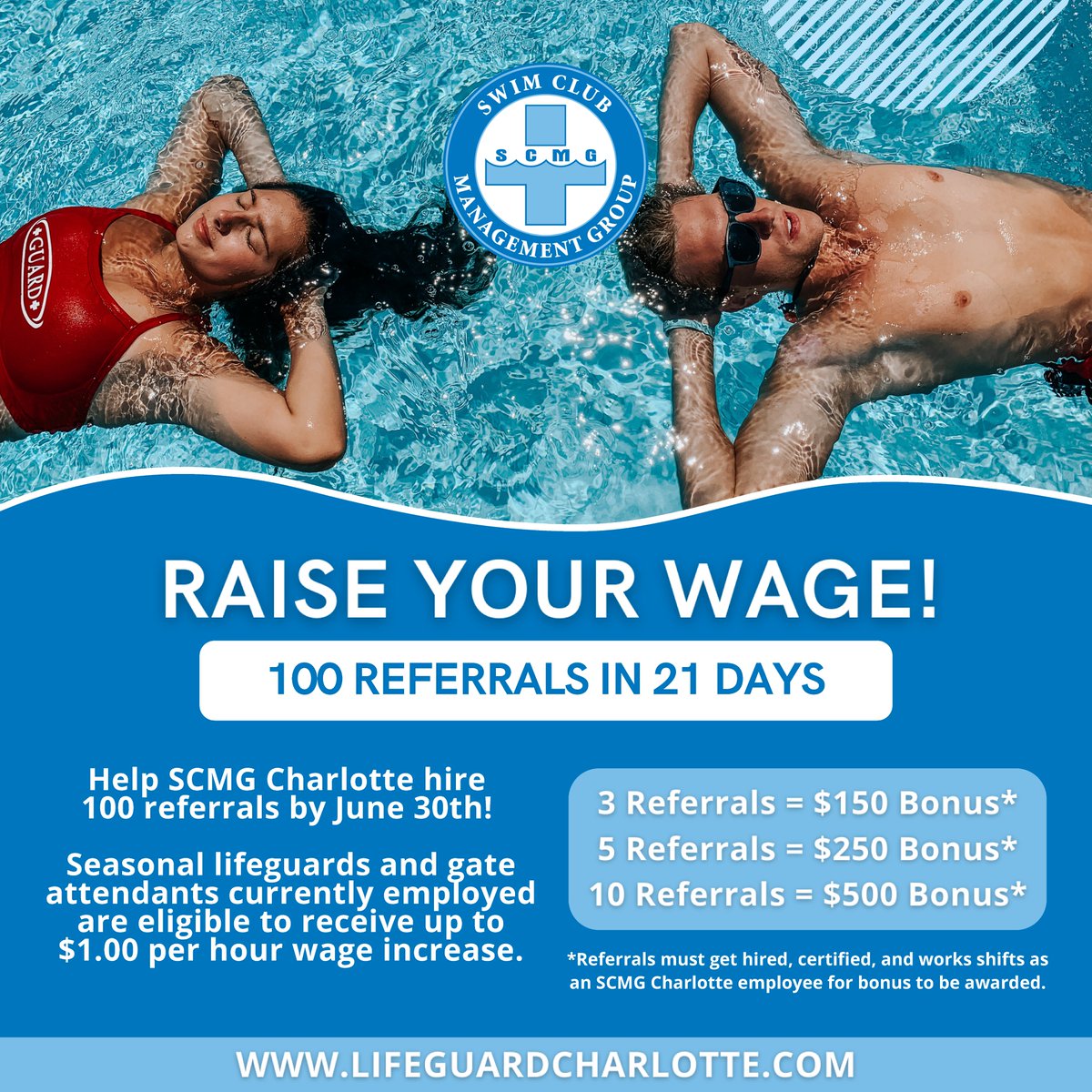 SCMGNews's tweet photo. Refer your friends and family! If SCMG Charlotte hires 100 referrals between today, June 9th and Wednesday, June 30th, every seasonal lifeguard and gate attendant currently employed is eligible to receive up to $1.00 per hour wage increase. https://t.co/Ad4Ime5aKL