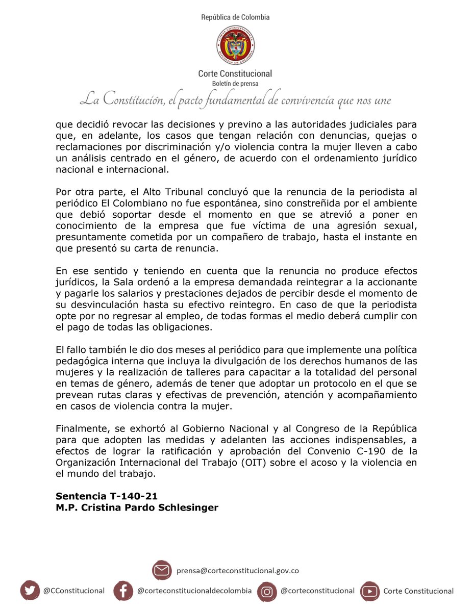 CConstitucional's tweet photo. #LaCorteInforma l 📰 Corte Constitucional protege derechos de periodista a trabajar en un ambiente libre de violencia y discriminación de género y exhorta al Gobierno a ratificar convenio de la OIT sobre acoso laboral.

Sentencia T-140-21.
M.P. Cristina Pardo Schlesinger. https://t.co/q1H5HMF5ZU