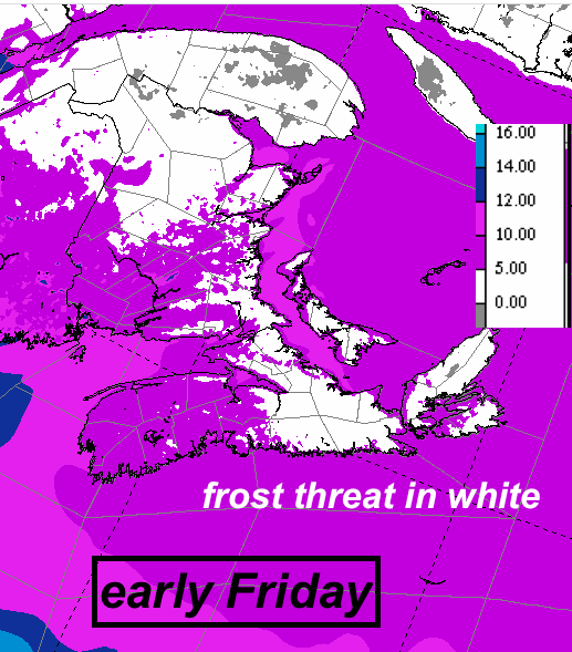 YHZweatherguy's tweet image. As we say goodbye to the record heat &amp;amp; humidity, we say hello to a chilly airmass.
The models are already suggesting a frost threat early on Friday (white areas on chart).  Stay tuned.