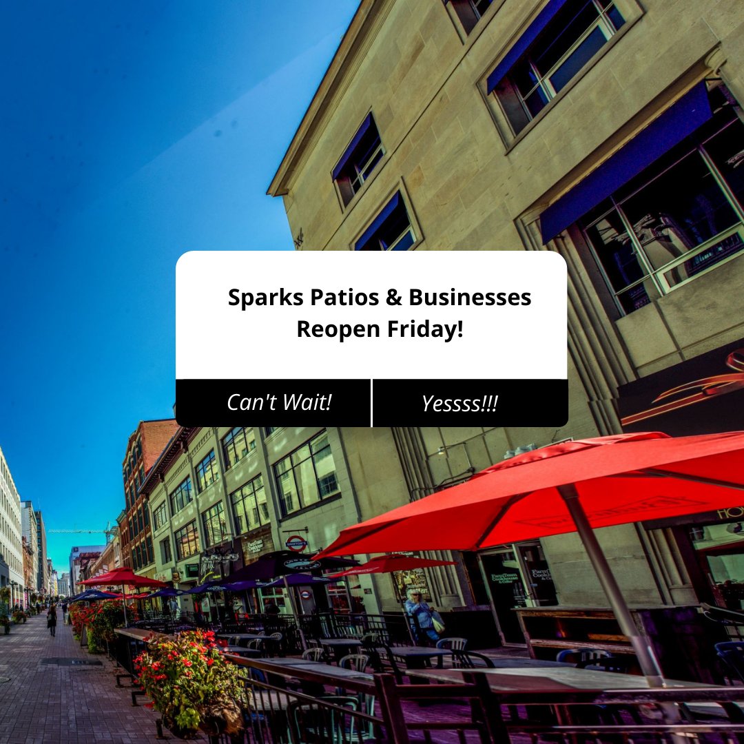 It's almost Friday! Even better,#MySparksStreet patios &amp; businesses will be reopening tomorrow! 
They can’t WAIT to welcome you back! 
Please remember to follow the health measures each establishment has in place to ensure everyone’s safety. See you on Sparks!
🍻🛍️
#supportlocal