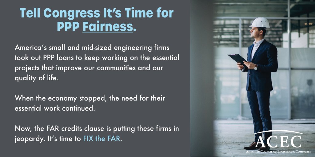 ACEC_National's tweet photo. The CEOs of small and mid-sized engineering firms took out PPP loans to keep employees on staff. Now the FAR credits clause is jeopardizing their ability to retain those employees. Fix the FAR! #PPPFairness https://t.co/DLpz0aqZVF https://t.co/HBgeargCFK