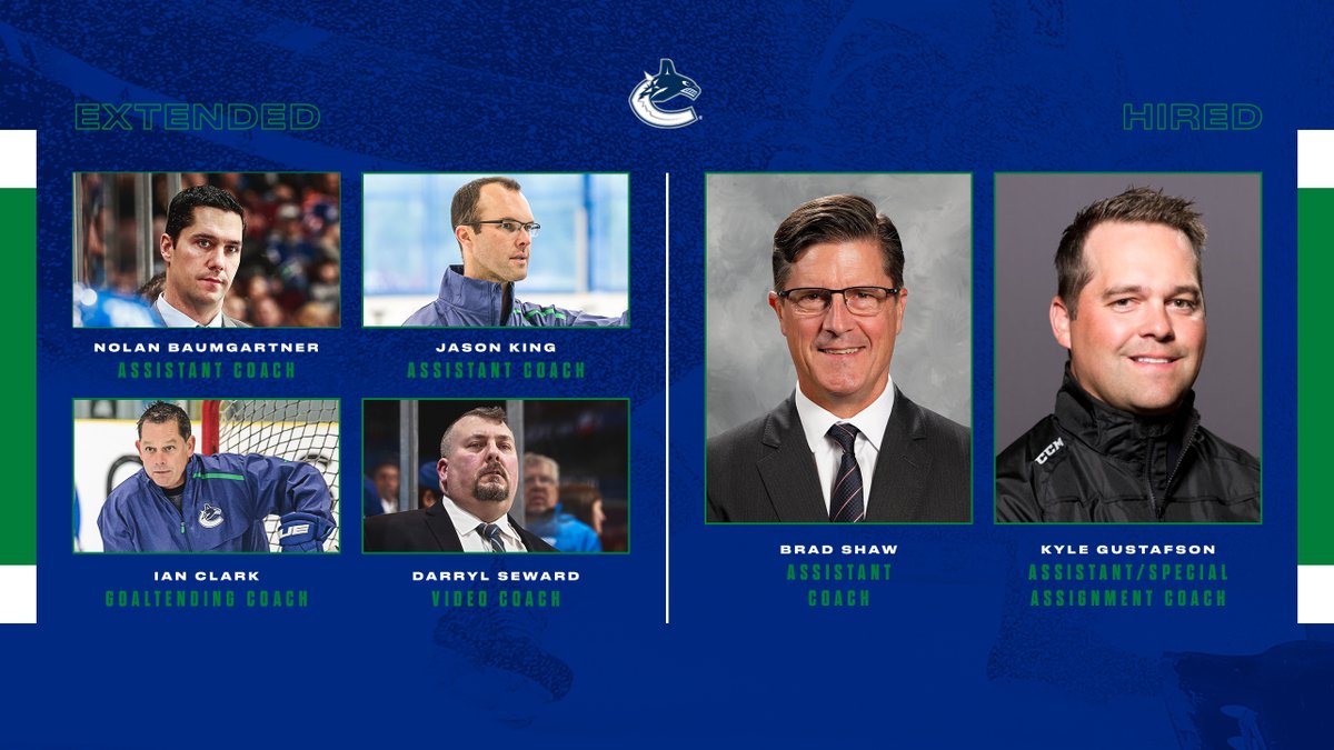 Canucks's tweet photo. CANUCKS ANNOUNCE COACHING STAFF UPDATES 
RELEASE ➡️ https://t.co/PKZ2EeGk8d https://t.co/aeQYsZR5A2