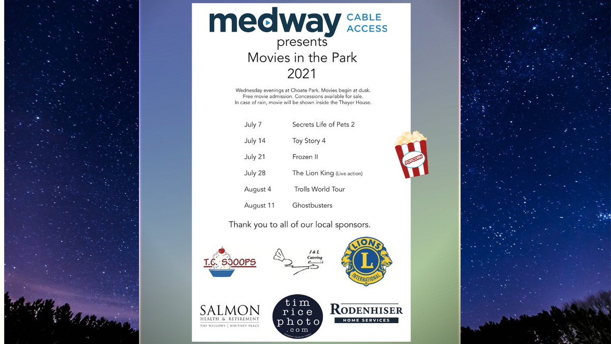 Movies in the Park - 2021  Hope to see you at Choate Park Wednesday nights starting July 7 at dusk.  ** In case of rain, movie is shown inside the Thayer House. Thank you to all our local sponsors <a href="/JandLCatering/">推特|脸书facebook|油管YouTube|飞机电报|tiktok|instagram|刷粉</a> <a href="/SALMONHealth/">SALMON Health</a> <a href="/TCScoops/">T.C. Scoops</a> Medway Lions Club <a href="/rodenhiser/">Rodenhiser Home Services</a> <a href="/timricephoto/">timricephoto</a>