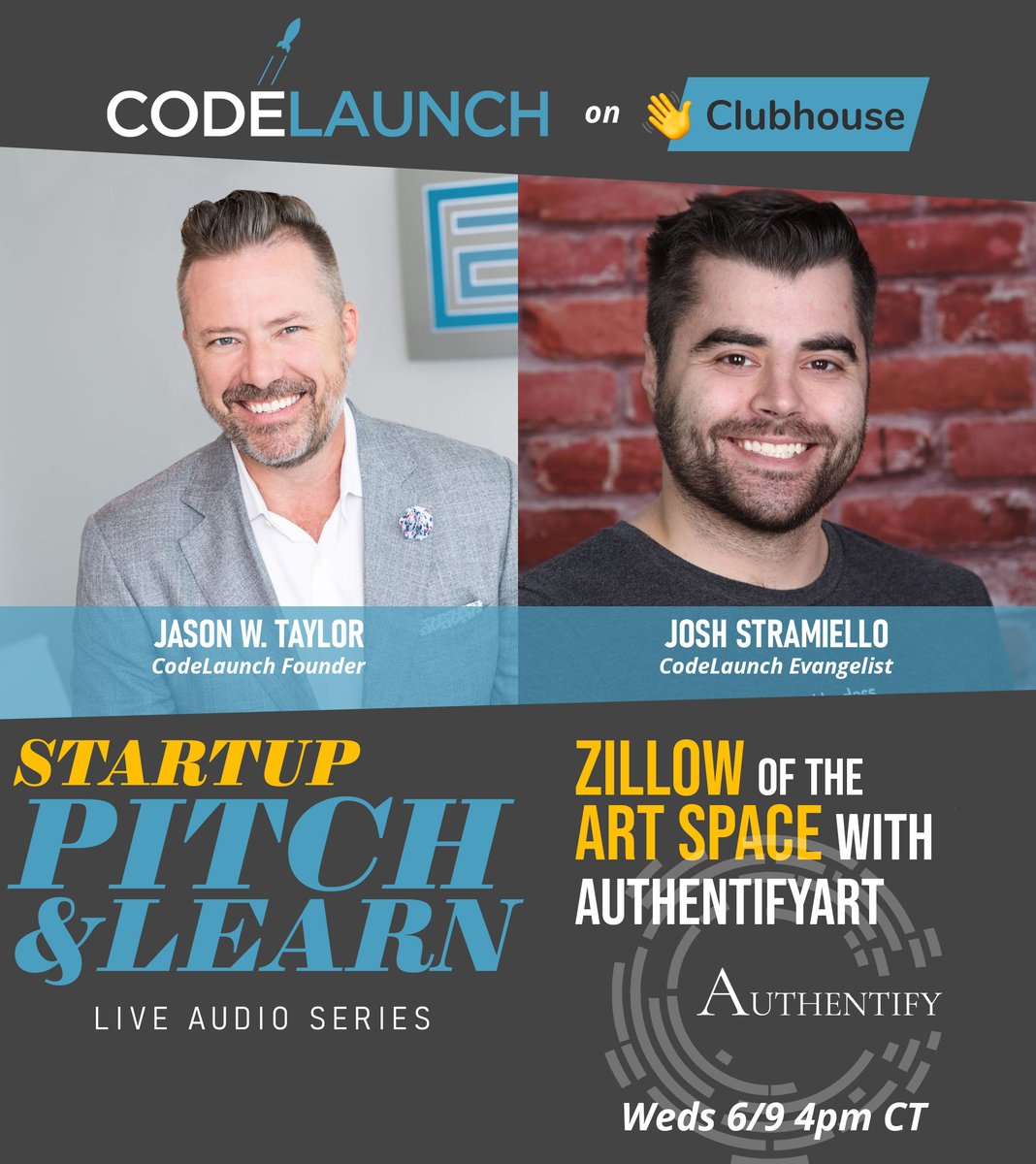 CodeLaunch's tweet image. The Startup Pitch &amp;amp; Learn audio series is live in 30 minutes! Join Jason W. Taylor and Joshua Stramiello today at 4:00 pm CT on Clubhouse. Join the room at the link below!

clubhouse.com/event/MRG3Ab5a

#startups #seedaccelerator #startup #startupnation #startupfunding #atl