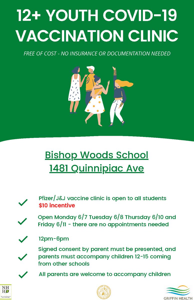 NHVPublicHealth's tweet photo. Tomorrow and Friday there will be youth vaccine clinics at Worthington Hooker Elementary School and Bishop Woods School from 12-6pm! There will be incentives and ages 12+ can receive their COVID Shots! Free of cost, no appointment, no documentation or ID required @MaritzaBondmph https://t.co/G4NKRoOh5y