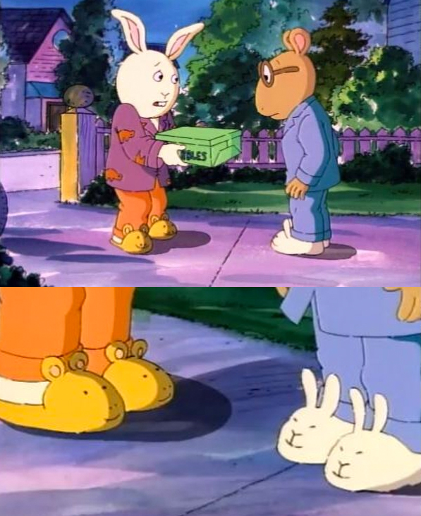 arthur and buster have buster and arthur slippers.