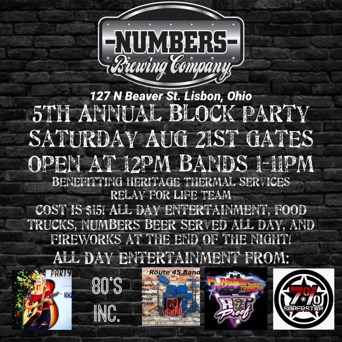 NumbersBrewCo's tweet photo. Join Numbers Brewing Company for our 5th Annual Block Party Saturday August 21st. Gates open at 12pm First band goes on at 1pm! Cost is $15! Benefitting Heritage Thermal Services Relay For Life Team. All day entertainment, food trucks, numbers beer served all day, and fireworks! https://t.co/2MZLzHPIsS