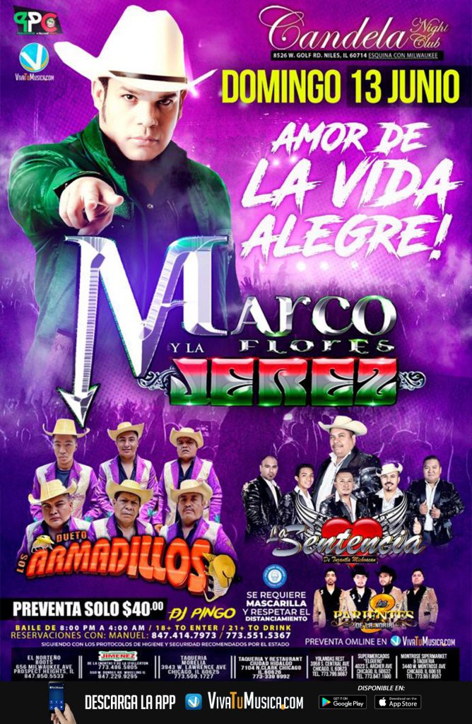 ¡Marco Flores y La Jeres llega esta fin de semana!🎶🥁
@ Azteca de Oro
@ Mansion Nightclub
@ La Herradura 
@ Candela Nightclub
Info: bit.ly/3w9dnC3