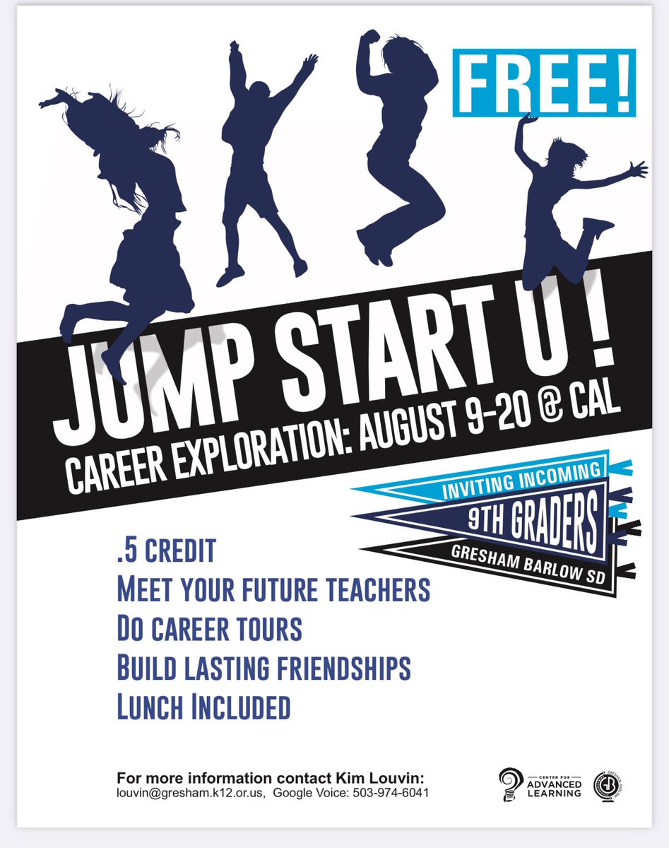 Outgoing 8th grade TBirds: get a strong start in high school with Jump Start U! Contact Kim Louvin at 503-974-7041! #letsgogrms #LetsGoGBSD #grmstbirds #sbhsbruins