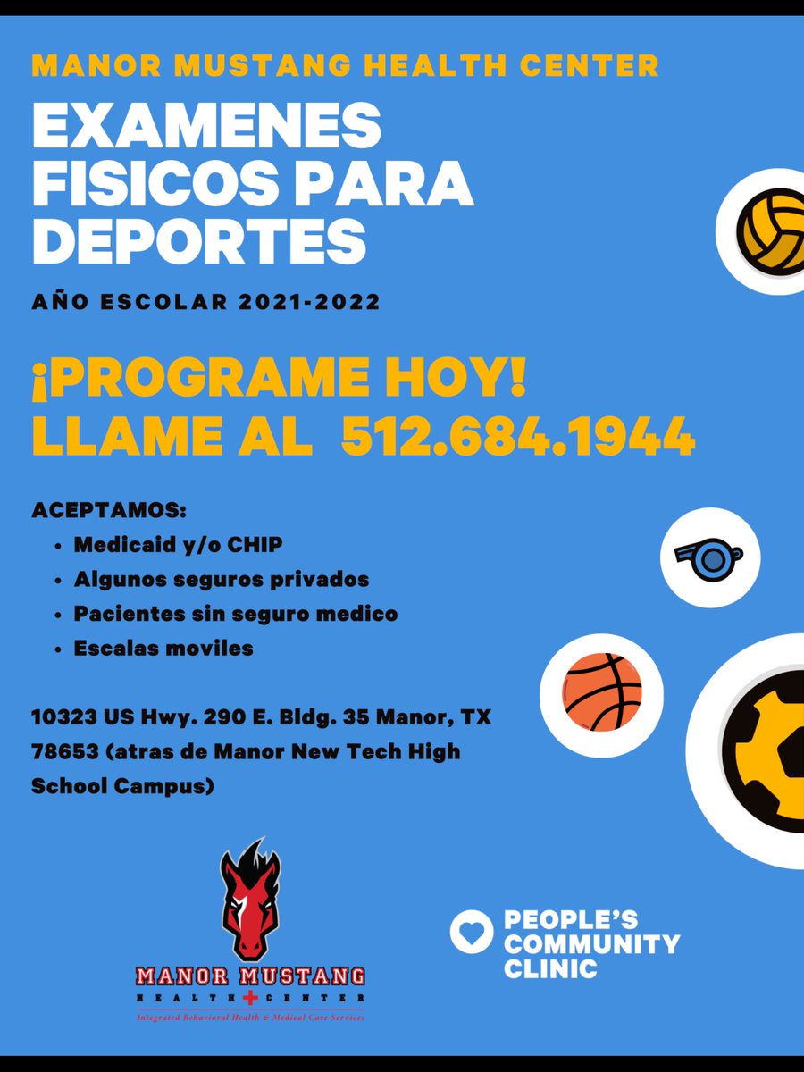 ¿Necesitas un examen físico deportivo? 💪  ¡Llame al (512) 684-1944 para programar su examen físico en el Manor Mustang Health Center!

#ManorISD #ScholarsFirst #FitAndReadyManor