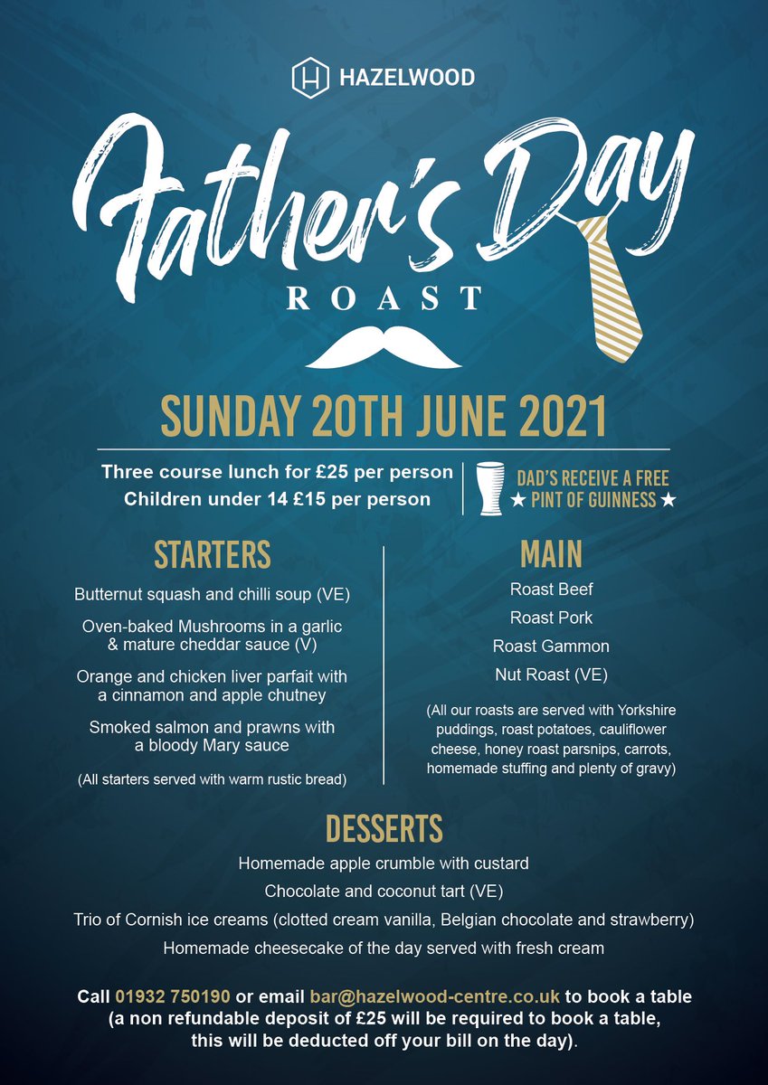 HazelwoodCentre's tweet photo. 👔 Father’s Day 👔

Delighted to announce our Father’s Day Roast! 🍽

Call us on 01932 750190 or email bar@hazelwood-centre.co.uk to book! https://t.co/kk6jW9LdZX