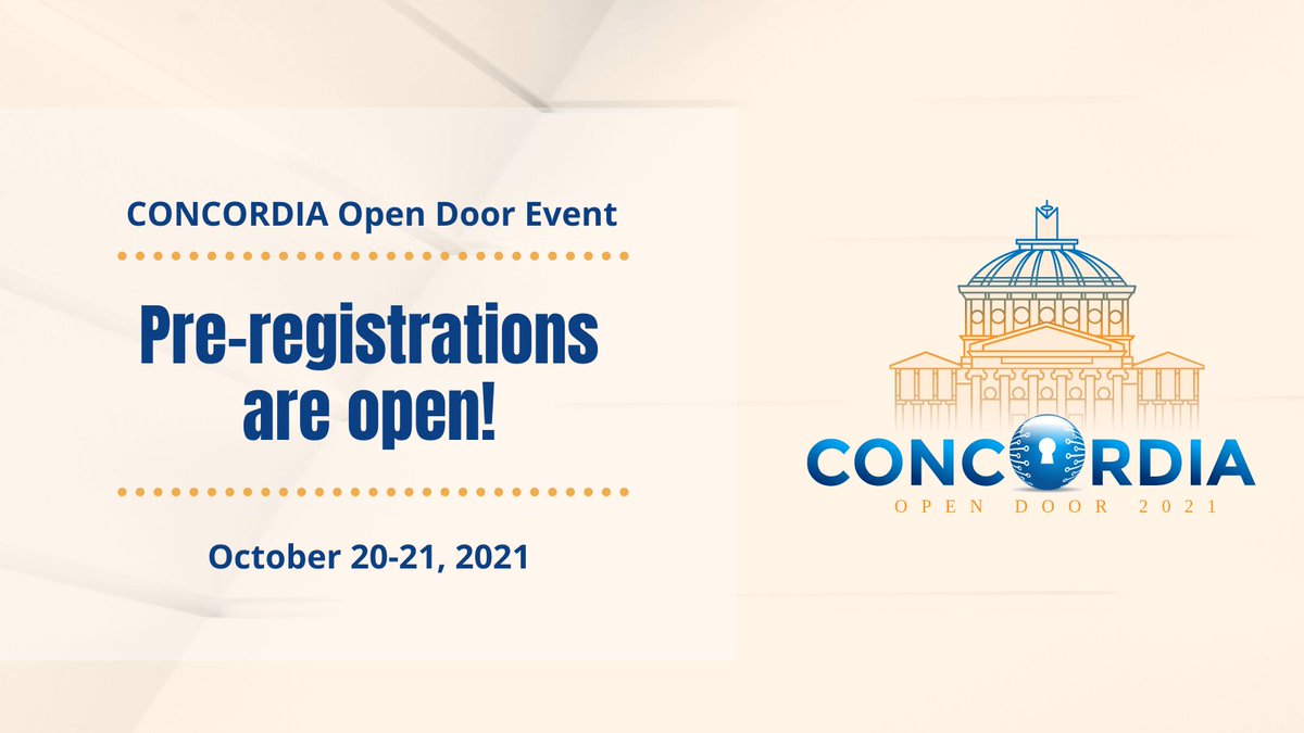 concordiah2020's tweet photo. CONCORDIA Open Door is getting closer!⏳Now you can pre-register, which will ensure you an access pass to the virtual part happening on the 20th and 21st October 2021. Do you want to join physically? Let us know in the form👇
🔗https://t.co/vryj6YjE0c
#H2020 #CyberSecurity https://t.co/ALrPzC1FJQ