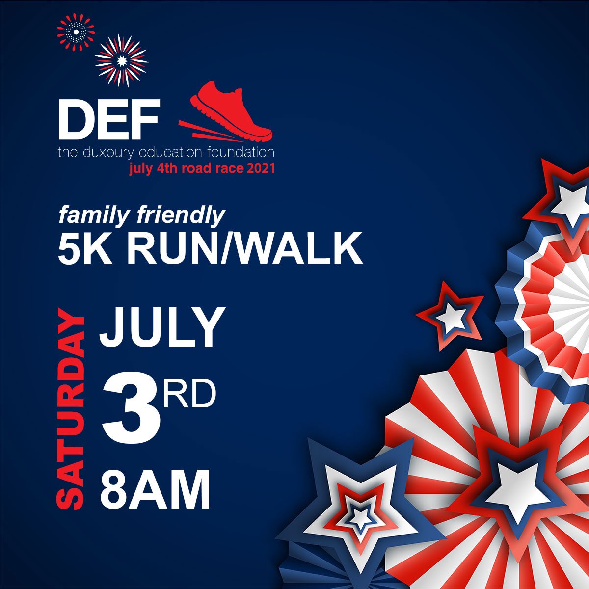 We’re BACK:  A year late and a day early!  

Join us for the 41st running of the DEF July 4th Road Race, coming to you this year on Saturday, July 3rd at 8am.  Bibs will be capped at 500 this year, so register TODAY at DEF.racewire.com