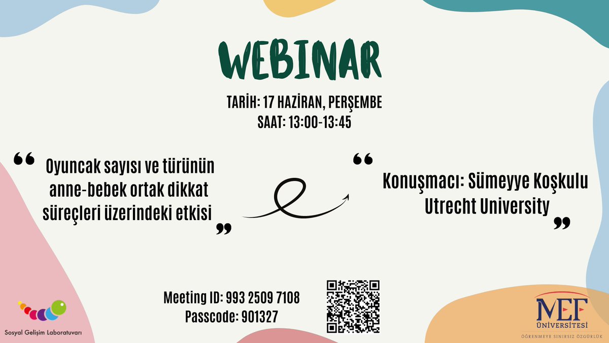 Dönem sonu lab toplantımızın ilk bölümünde şu anda Hollanda'da doktora çalışmalarına devam eden Sümeyye Koşkulu oyuncak sayısı ve türünün anne-bebek ortak dikkat süreçleri üzerindeki etkisi üzerine bir sunum yapacak. Herkesi bekliyoruz! Link: mef-edu-tr.zoom.us/j/99325097108?…