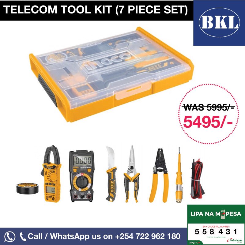 BakuKenya's tweet photo. Get yourself the 7 pcs telecom tools set which includes:
1 pcs digital multimeter
1 pcs digital clamp meter
1 pcs test pencil(test voltage:100-500vac)
1 pcs 7.5" wire stripper
1 pcs pvc insulating tape
1 pcs 7" electrician's scissors
1 pcs electrician knife https://t.co/HYsFlN3bHk
