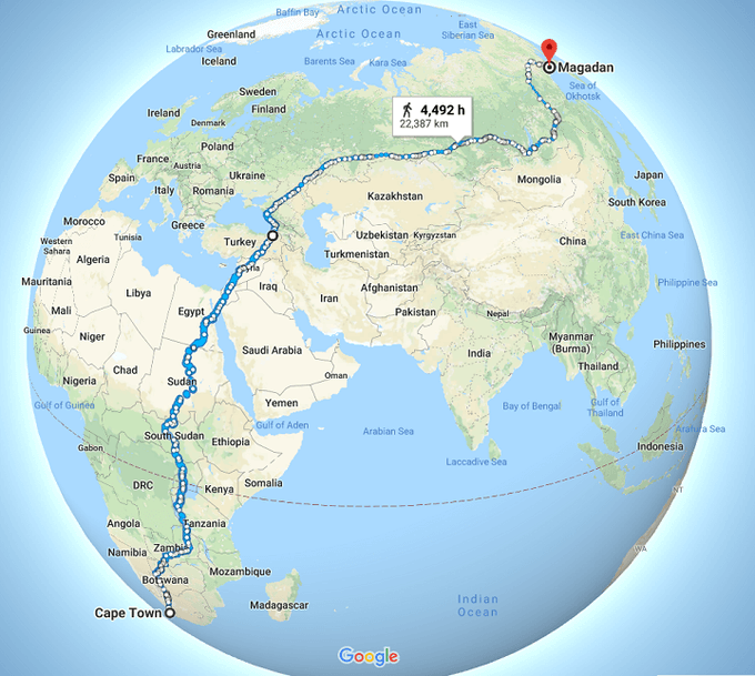 This map potentially shows one of the world’s longest uninterrupted walks from Cape Town, South Africa to Magadan, Russia: a distance of 22,387km (13,910 miles). Google Maps estimates it would take 4,492 hours to walk it or 187 days of non-stop walking brilliantmaps.com/longest-walk/