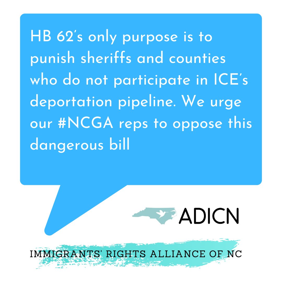 ACLU_NC's tweet photo. #HB62 is intended to force sheriffs to cooperate with ICE. It would allow any #NC resident to file a lawsuit against a city or county that they believe is not in compliance with NC anti-sanctuary law. #ICEFreeNC #StopHB62 https://t.co/WH7qXBxVOX