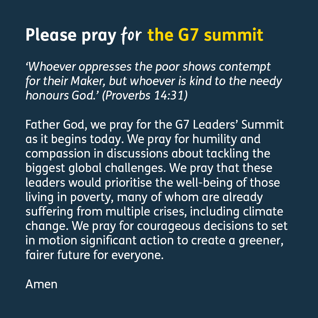 Seven daily prayers for the #G7: Today we pray as the summit begins.

Will you join us in praying over this crucial global summit? Find all seven prayers in our blog 👉 tearfund.org/stories/2021/0…