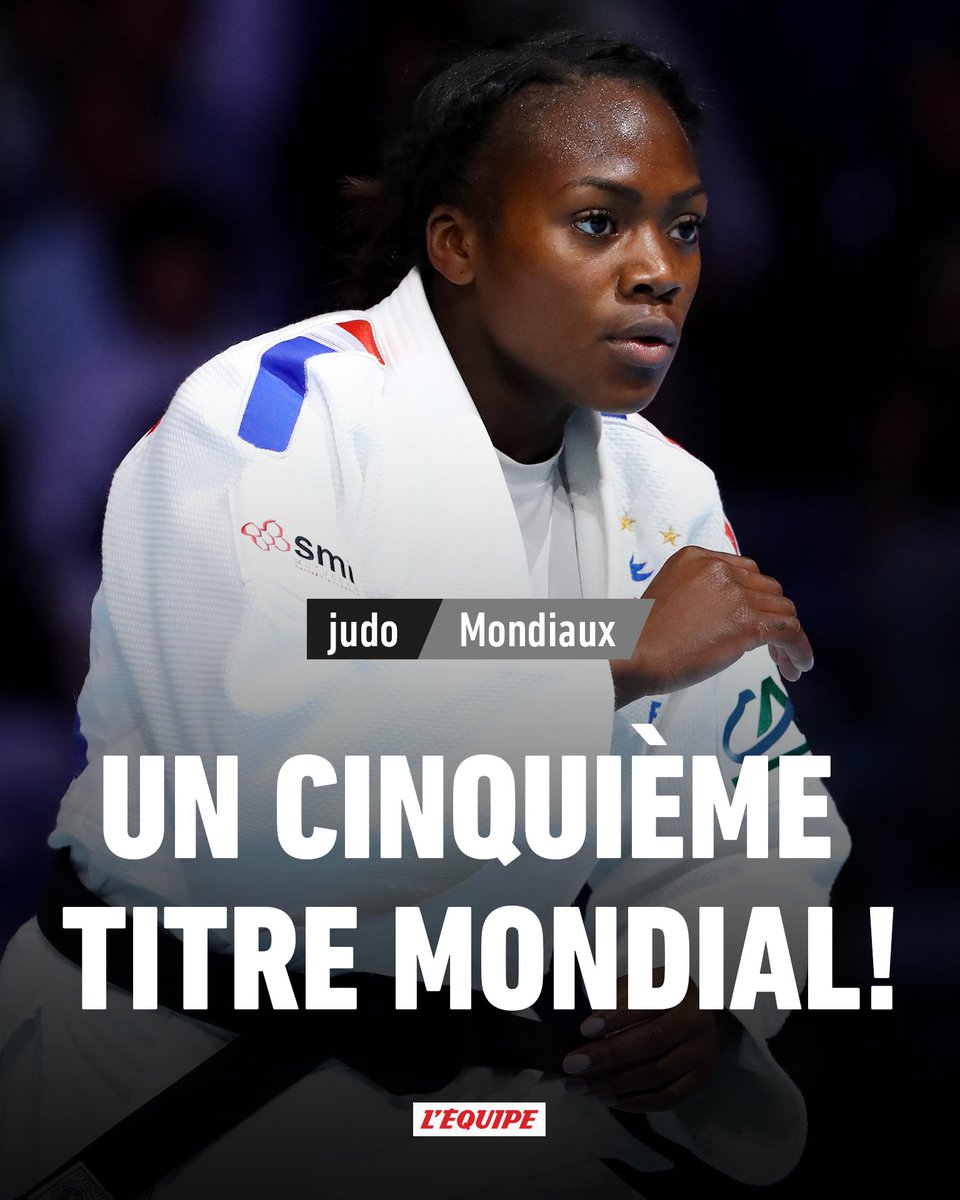 lequipe's tweet photo. À 28 ans, la Française Clarisse Agbegnenou a été sacrée championne du monde pour la cinquième fois, en -63 kg, mercredi à Budapest  https://t.co/MAOybJwNxZ https://t.co/5JP699uMUn