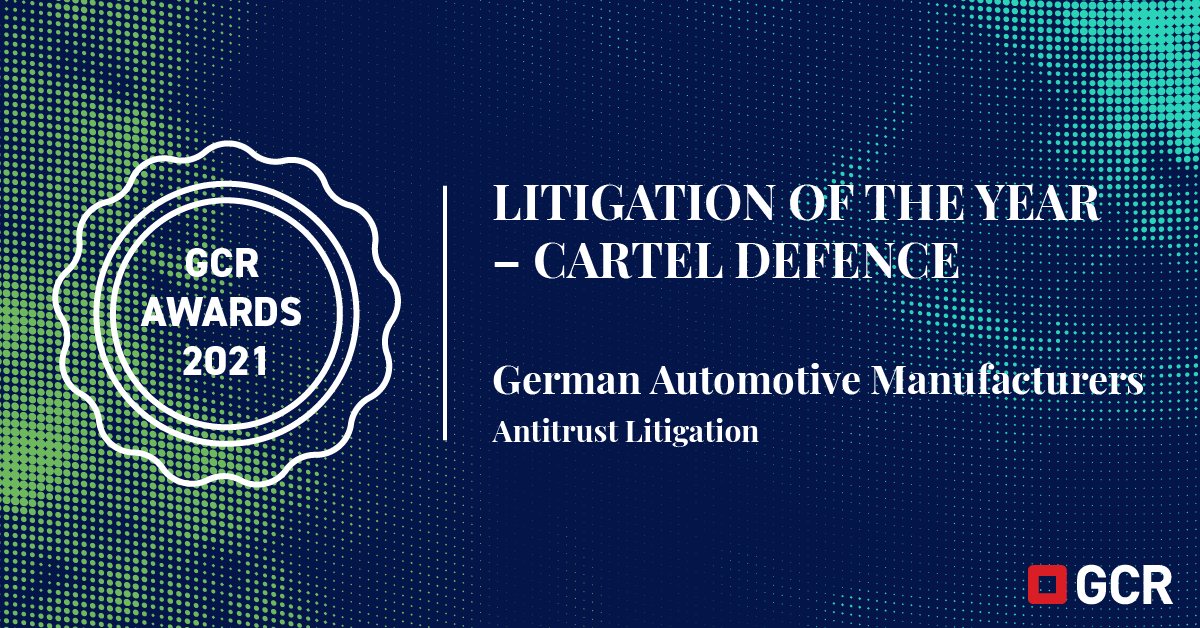 SPB_Global's tweet photo. 🏆 We are delighted to have won Litigation of the Year – Cartel Defence at the @gcr_alerts Awards 2021 for our role in the German Automotive Manufacturers Antitrust Litigation ➡️ https://t.co/qI9QZI0qpn https://t.co/tW3MohHVgT