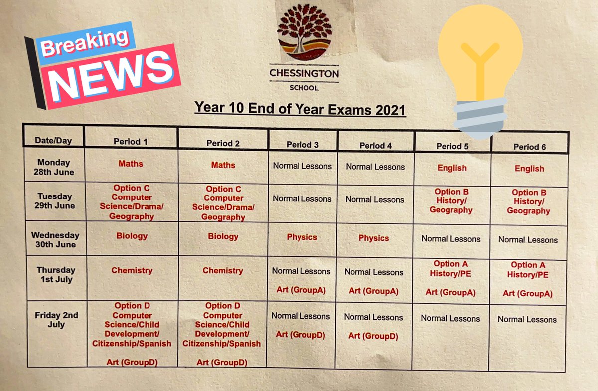 ChessingtonUpperSchool (@chessington1011) on Twitter photo #upperschool <a href="/chessington_sch/">Chessington School & Sixth Form</a> exam timetable for year 10. Start week beginning 28.6.21 ππΌππΌπ‘ #upperschool <a href="/chessington_sch/">Chessington School & Sixth Form</a> exam timetable for year 10. Start week beginning 28.6.21 ππΌππΌπ‘