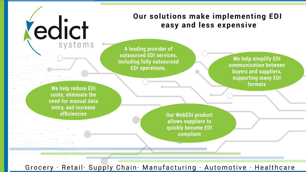 EdictSystems's tweet image. Edict Systems offers solutions to make implementing EDI easy and less expensive. Learn more at: bit.ly/3g6k16u #webEDI #tradingpartners #implementation #groceryindustry #retailindustry #supplychain #manufacturingindustry #automotiveindustry #healthcareindustry