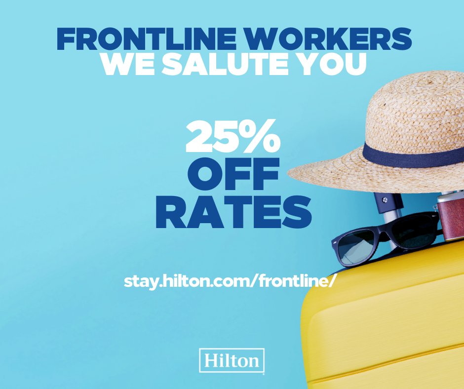HiltonIslington's tweet photo. As our hotels in the begin to re-open it is important to thank those who helped get us to this point.
If you are a frontline worker the Frontline Thanks offer has everything you need to relax, recoup and reenergize while saving up to 25% off your getaway. https://t.co/JhZVGlPDzn https://t.co/jUhabmAObf