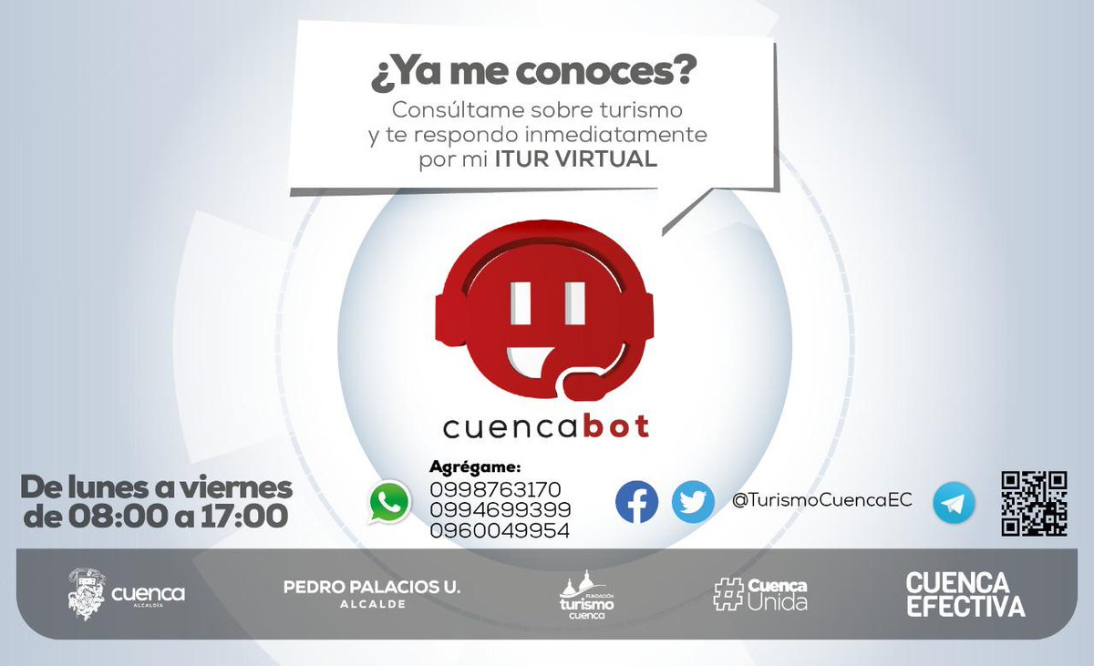 Produccion_Z6's tweet photo. ¿Ya me conoces?
Consúltame sobre información turismo de Cuenca y te respondo inmediatamente por mi #ITURVIRTUAL.
Escríbeme👇
📲https://t.co/80UwR8fDle
📲https://t.co/QplcYSvNUm
📲https://t.co/8wjyUGrd7S
#CuencaBOT
#CuencaUnida
#ReactivaCuenca https://t.co/n3MH99dvfy