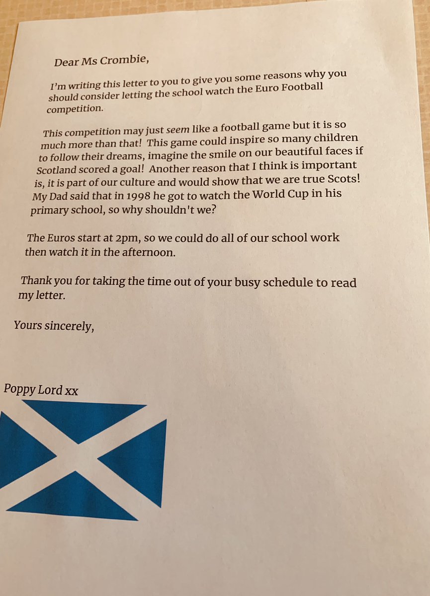 Poppy has decided to start a campaign at school with a letter to the Heedy! 

Very proud and a bit emotional 😭🏴󠁧󠁢󠁳󠁣󠁴󠁿 

<a href="/StStephensPS1/">St Stephen's PS</a>