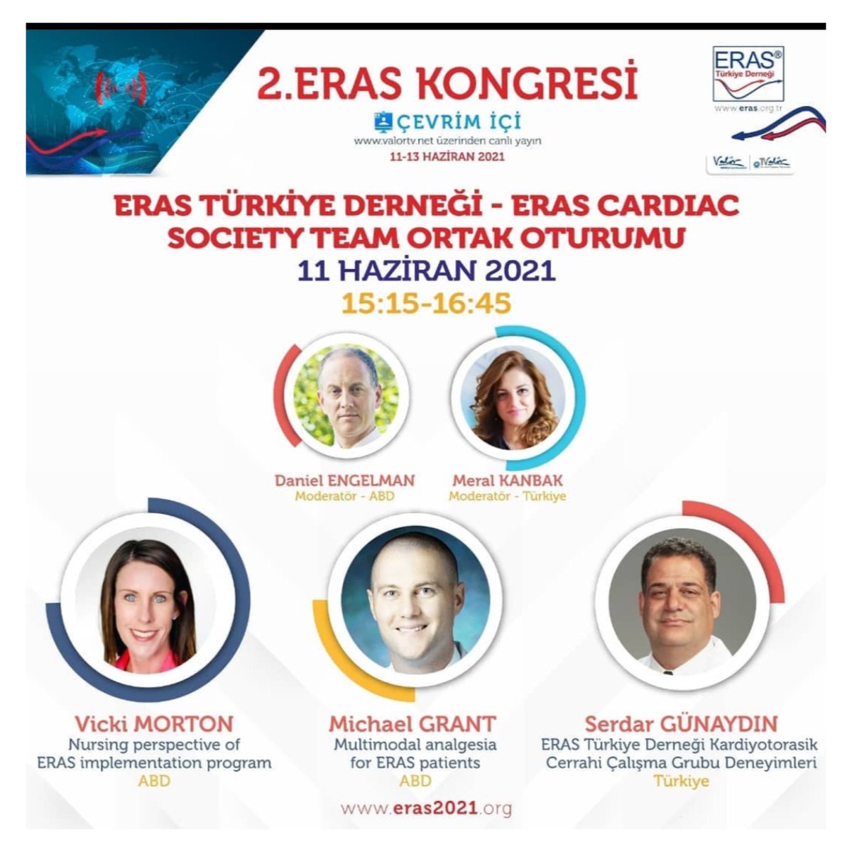 Türk ERAS (Cerrahi Sonrası Hızlı Derlenme) Kongresi Dünya ERAS Kalp Cerrahisi Yönetim Kurulu ortak oturumuyla başlıyor (Turkish ERAS- Enhanced Recovery After Cardiac Surgery- Congress starts with special session with ERAS Cardiac Team from USA) eras2021.org bir