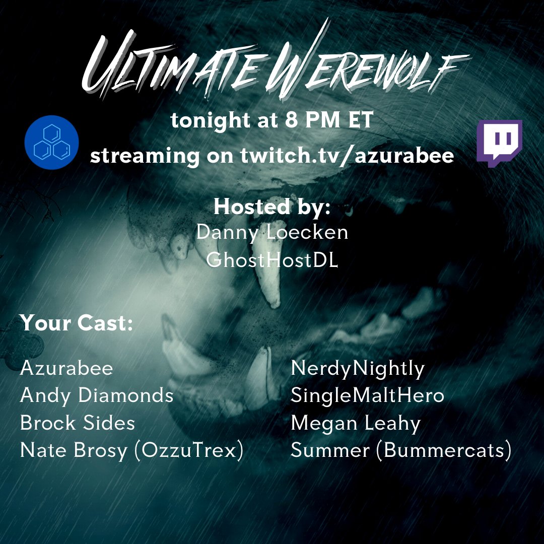 azurabeegames's tweet photo. Also ULTIMATE WEREWOLF tonight with a KILLER cast! We have @nerdynightly and @singlemalthero coming in hot. Will they be the werewolf tonight? WHO KNOWS?! Probably, maybe. I dunno. 
#twitchstreamer #improv #comedy #ultimatewerewolf https://t.co/B53j6fcuIc