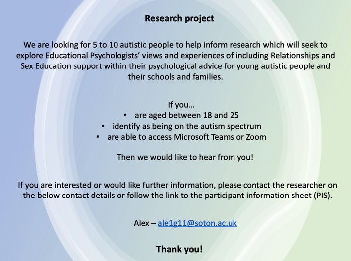 AlexEdPsych's tweet image. Hi 👋🏼 I’m still keen to hear from autistic people aged 18-25 to inform research into relationships and sex education in school, please see the information below #ActuallyAutistic #RSE @SUEdPsy