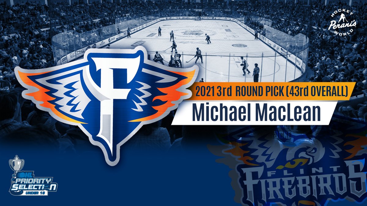 FlintFirebirds's tweet photo. With the #43 pick of the 2021 #OHLU18Draft, the Flint Firebirds are pleased to announce the selection of LHD Michael MacLean! #WelcomeToFlint https://t.co/Lk4iS08OVP