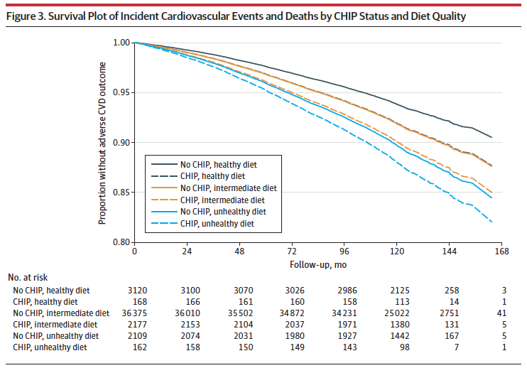 pnatarajanmd's tweet photo. Diet → CVD risk independent of conventional parameters but why?

Our study led by @RomitB_MD shows those w an unhealthy diet are enriched for clonal hematopoiesis, a new CVD risk factor. In turn, pts w CH w better diets have better prognosis
https://t.co/gRY2UWAfpm @JAMACardio https://t.co/QxPryqBSLa