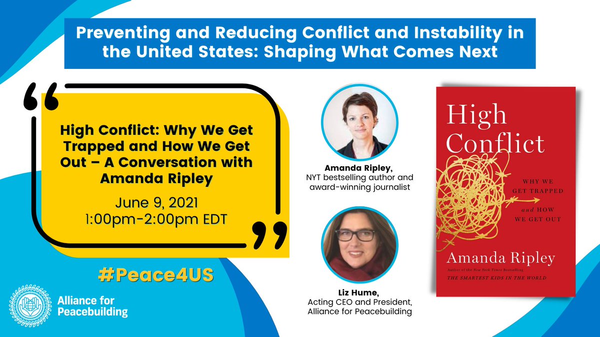 AfPeacebuilding's tweet photo. 🔴 STARTING SOON: Join us TODAY at 1pm EDT to hear from @amandaripley, @nytimes bestselling author and award-winning journalist, as she discusses her new book, "High Conflict: Why We Get Trapped and How We Get Out." #Peace4US
Register here: https://t.co/fnOHfdh3z1 https://t.co/KtnR1Hp3XH