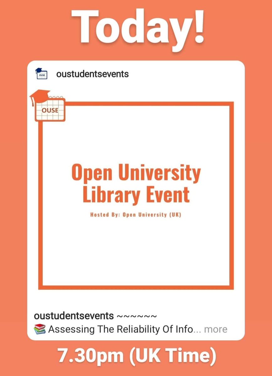 OU_Events's tweet photo. 📚 Assessing The Reliability Of Information For Your Assignment
📚 09.06.2021
📚 7.30pm (UK time)
📚 Link: https://t.co/eYMk3ngAoA
.
.
#OpenUniversity #OUStudents #OULibrary #OUStudentsEvents https://t.co/LkXj7t9o2q