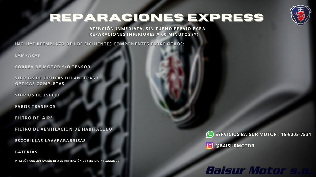 Baisur Motor (@baisurm) on Twitter photo ¿Sabias que en <a href="/BaisurM/">Baisur Motor</a> brindamos atención inmediata y sin turno previo para reparaciones inferiores a 60 minutos?
Ahora es mas fácil y rápido acceder a las REPARACIONES EXPRESS de tu vehículo. 🚚
Wp: 1562057534
Insta: Baisurmotor
FB: Baisur Motor Scania ¿Sabias que en <a href="/BaisurM/">Baisur Motor</a> brindamos atención inmediata y sin turno previo para reparaciones inferiores a 60 minutos?
Ahora es mas fácil y rápido acceder a las REPARACIONES EXPRESS de tu vehículo. 🚚
Wp: 1562057534
Insta: Baisurmotor
FB: Baisur Motor Scania