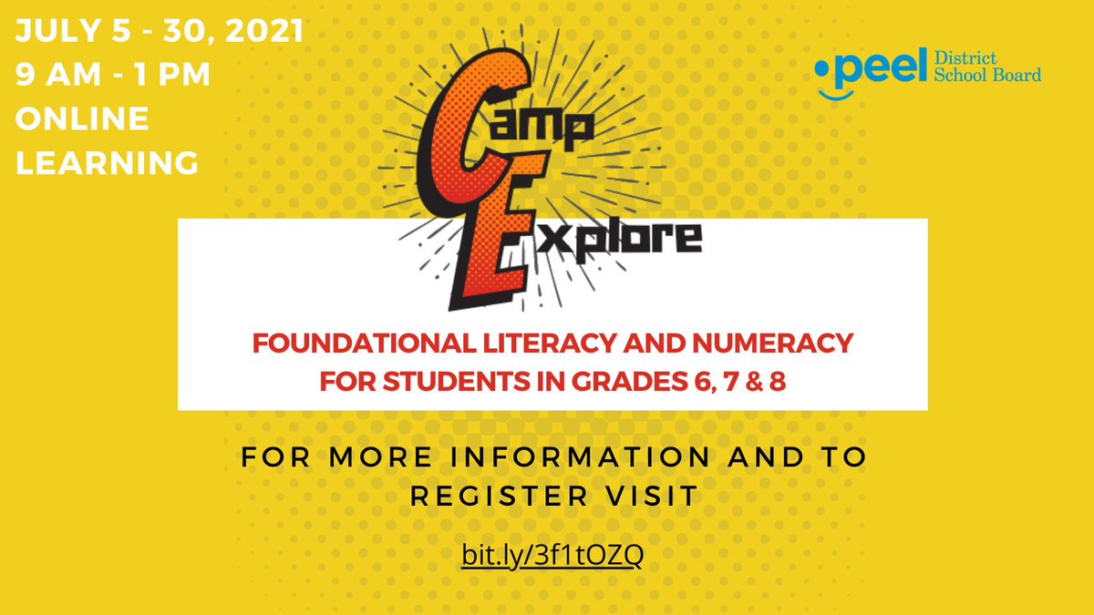REMINDER!📌 Registration for Camp Explore, a 4-week literacy &amp; numeracy summer camp, is now open for students in grades 6 to 8. The program will run virtually from July 5 to July 30.

Registration closes on June 16. For more info &amp; to register, visit peelschools.org/elementary/pro….