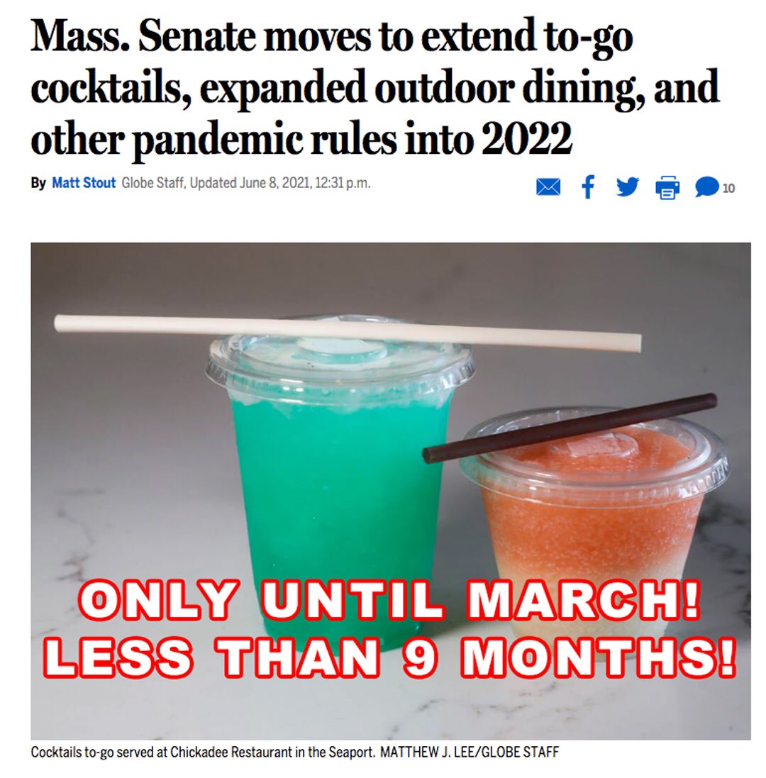CocktailsToGoMA's tweet photo. Under this bill we only get until March to sell to-go cocktails!! To-go cocktails are permanently legal in 15 states now.  Here in Mass we are fighting for an extension. This is NOT a win, it’s a concession that the Package Stores can live with. #cocktailsforcommonwealth #mapoli https://t.co/tYPLlK8s3Y