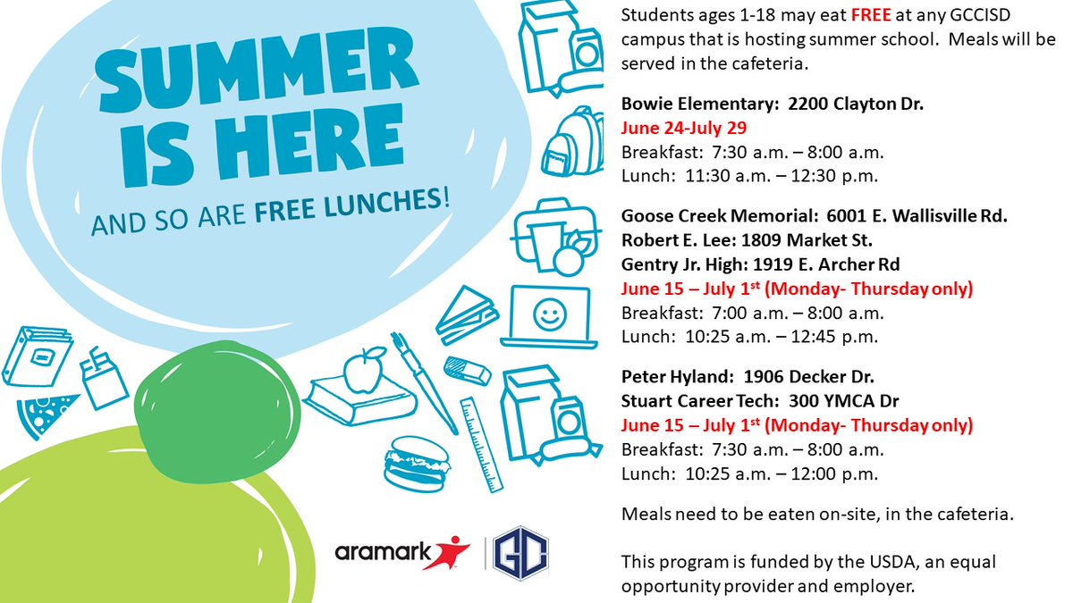 gccisdnutrition's tweet photo. In addition to free meals in the park; we will have free breakfast and lunch at the schools hosting summer school.  #summerschool #eatwellk12 #aramark @GCCISD https://t.co/5mbS6Bgv3f