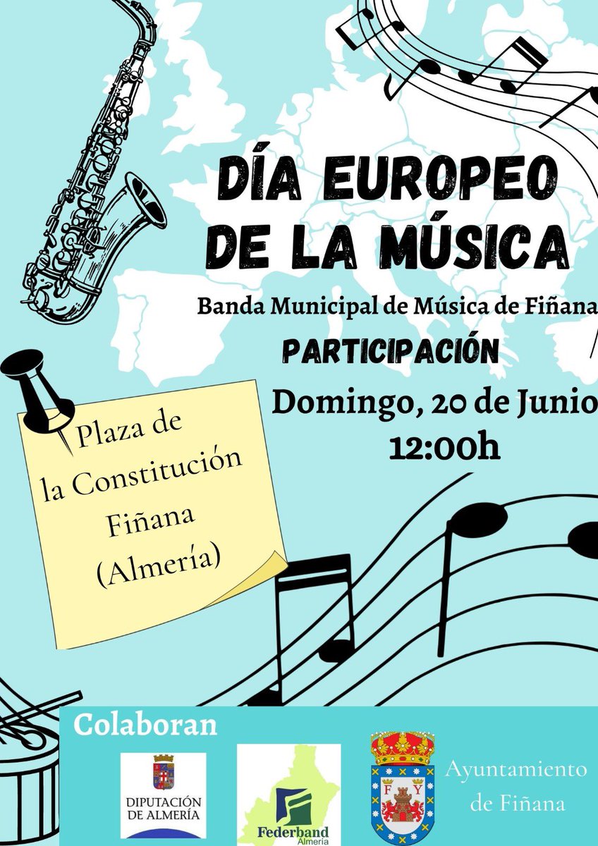 El próximo Domingo día 20 de Junio a las 12:00h, en la plaza de la Constitución tendrá lugar nuestra Participación en el día europeo de la música. ¡Os esperamos! <a href="/dipalme_almeria/">Diputación Almería</a> <a href="/AytoFinana/">Ayuntamiento Fiñana</a>