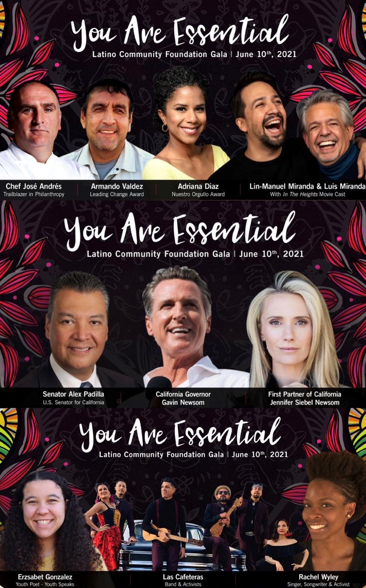 Latino Community Fdn (@latinocommfdn) on Twitter photo TOMORROW: With <a href="/GavinNewsom/">Gavin Newsom</a> <a href="/JenSiebelNewsom/">Jennifer Siebel Newsom</a> <a href="/SenAlexPadilla/">Senator Alex Padilla</a> <a href="/Lin_Manuel/">Lin-Manuel Miranda</a> & so many more, we're honoring <a href="/chefjoseandres/">Chef José Andrés 🕊️🥘🍳</a> <a href="/AdrianaDiaz/">Adriana Diaz</a>, Armando Valdez & all essential workers.
Join us for an evening of inspiration, joy, and purpose.
🎟️ June 10 @ 6:30pm PT: bit.ly/LCF2021Gala TOMORROW: With <a href="/GavinNewsom/">Gavin Newsom</a> <a href="/JenSiebelNewsom/">Jennifer Siebel Newsom</a> <a href="/SenAlexPadilla/">Senator Alex Padilla</a> <a href="/Lin_Manuel/">Lin-Manuel Miranda</a> & so many more, we're honoring <a href="/chefjoseandres/">Chef José Andrés 🕊️🥘🍳</a> <a href="/AdrianaDiaz/">Adriana Diaz</a>, Armando Valdez & all essential workers.
Join us for an evening of inspiration, joy, and purpose.
🎟️ June 10 @ 6:30pm PT: bit.ly/LCF2021Gala