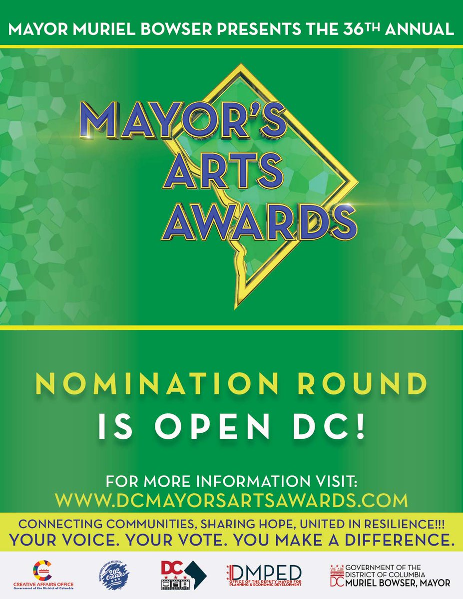 The nomination round for the 36th Annual Mayor's Arts Awards is open now through Monday, June 28 at 5pm! Let your voice be heard at dcmayorsartsawards.com #EntertainDC #CreativeAffairsDC #DCMayorsArtsAwards #202Creates #DCRadioHD <a href="/MayorBowser/">Mayor Muriel Bowser</a> <a href="/DMPEDDC/">DMPED</a>