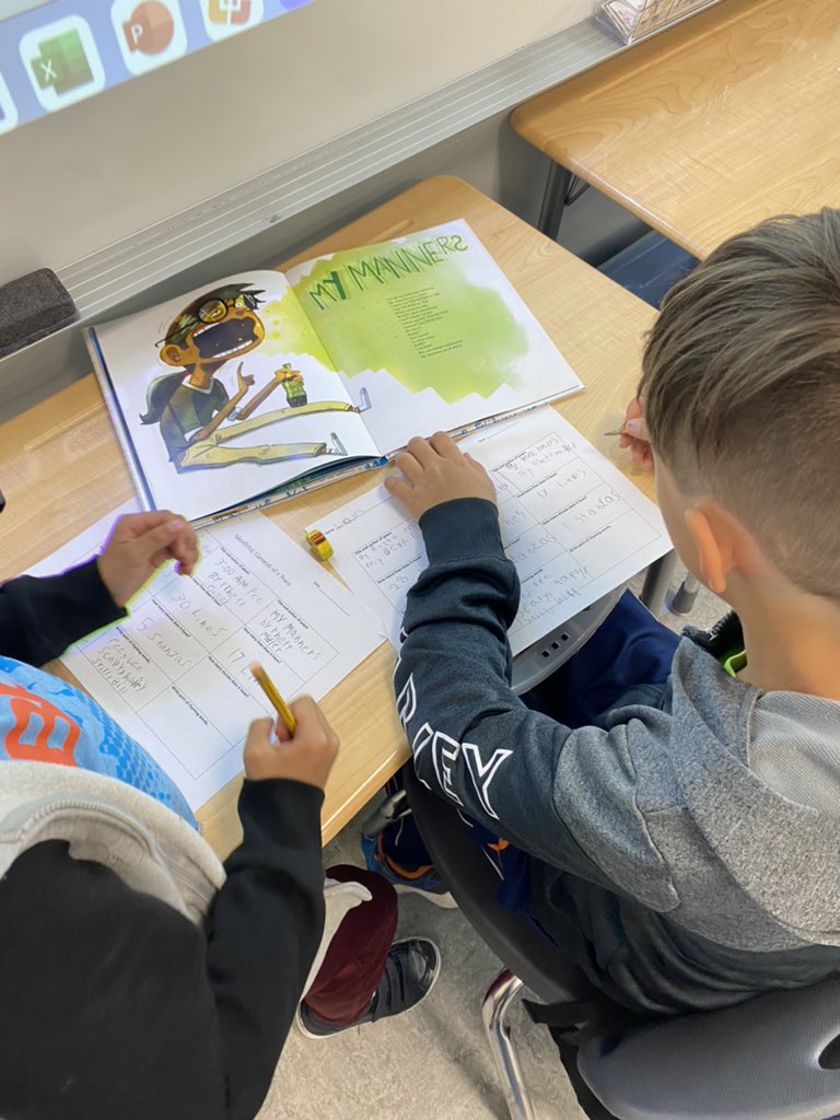 Searching for the elements of poetry in poetry books. We found lines, stanzas, rhymes and rhythm. #rvsed #poetry @NorthcottRVS