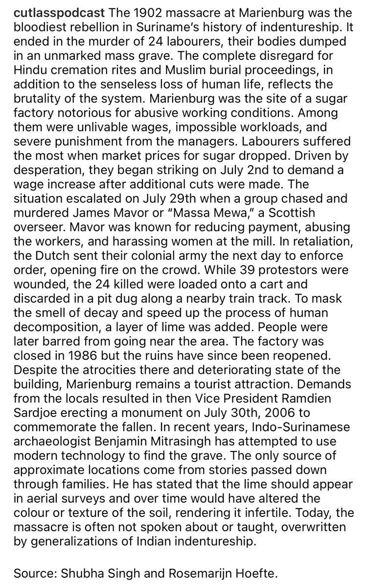 cutlassmagazine's tweet photo. “Today, the 1902 massacre at Marienburg is often not spoken about or taught, overwritten by the broad generalizations of Indian indentureship that downplay the violence.”
#indosurinamese #sarnami #suriname #indocaribbean #indocaribbeanhistory #indentureship #indenture https://t.co/xxuMQ2ZxG1