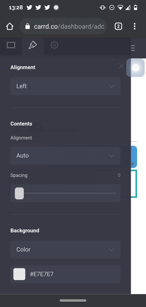 carrdday's tweet image. • add um container e mude as seguintes informações:

alignment: left
background - color: #E7E7E7